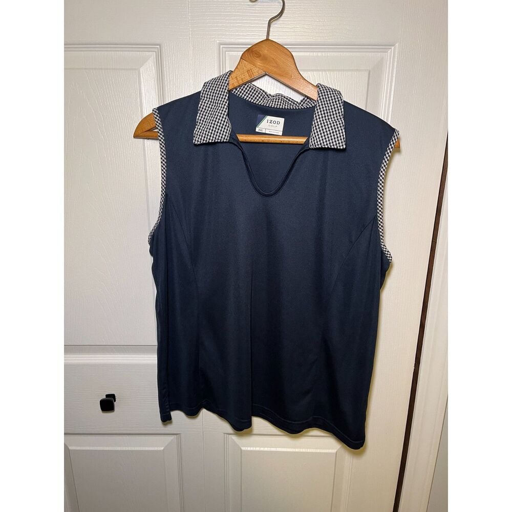 IZOD Golf Womens Sleeveless Polo Top Navy Blue Gingham Collar XXL - Picture 1 of 4
